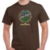 men's dark chocolate coloured tshirt with a world with the words around the world written around it image on the chest.