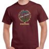 men's maroon coloured tshirt with a world with the words around the world written around it image on the chest.