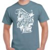 mens stone blue coloured tshirt with artistic text reading, "First learn the rules, then break them." on the chest.