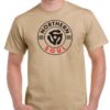 Men's tan coloured tshirt with a round northern soul image on the chest.