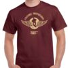 Men's maroon coloured tshirt with a winged freeride snowboarder image on the chest.