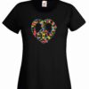Women's black coloured tshirt with a flowery heart shaped peace image on the chest.