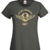 Women's light graphite coloured tshirt with a winged freeride snowboarder image on the chest.
