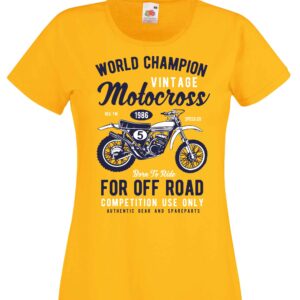 Women's sunflower coloured tshirt with a vintage motocross motorbike image on the chest.