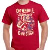 Men's cherry red coloured tshirt with a fast downhill skateboarder image on the chest.