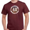 Men's maroon coloured tshirt with a We're all in this together image on the chest.