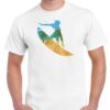 Men's white coloured tshirt with a surfer on a board cut-out image on the chest.