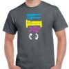 mens charcoal coloured tshirt with four signs of different colours for eat, sleep, work repeat on the chest.