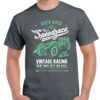 Men's charcoal coloured tshirt with a vintage racing car image on the chest.
