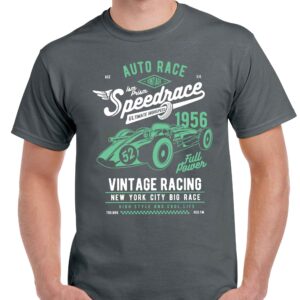 Men's charcoal coloured tshirt with a vintage racing car image on the chest.