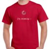 mens cherry red coloured tshirt with a computer loading symbol and I'm thinking image on the chest.