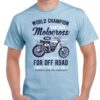 Mens light blue coloured tshirt with a vintage motocross motorbike image on the chest.