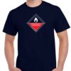 Men's navy coloured tshirt with a spontaneously combustible hazard image on the chest.