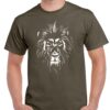 Men's olive coloured tshirt with a white coloured shaded lion image on the chest.