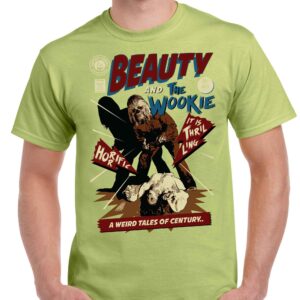 mens pistachio coloured tshirt with a beauty and the wookie B film poster image on the chest.