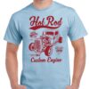 Men's light blue coloured tshirt with a hot rod car image on the chest.