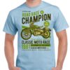 Men's light blue coloured tshirt with a road race motorbike image on the chest.