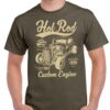 Men's olive coloured tshirt with a hot rod car image on the chest.