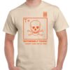 Men's sand coloured tshirt with a skull and crossbones extremely toxic orange logo on the chest.