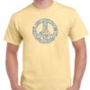 mens vegas gold coloured tshirt with a circuit board peace symbol image on the chest.
