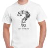 Men's white coloured tshirt with a question mark made of peas image on the chest.