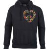 Unisex black coloured hoody with a peace heart made with flowers image on the heart side of the chest.