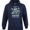 Unisex navy coloured hoody with a speedrace image on the chest.