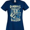 Women's navy coloured tshirt with a fast downhill skateboarder image on the chest.
