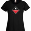 Women's black coloured tshirt with a spontaneously combustible hazard image on the chest.