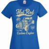 Women's royal blue coloured tshirt with a hot rod car image on the chest.