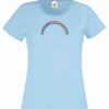 Women's Sky Blue Tshirt with a thin bright rainbow across the chest.
