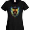 Women's black coloured tshirt with a pair of colourful wings in the shape of a heart image on the chest.
